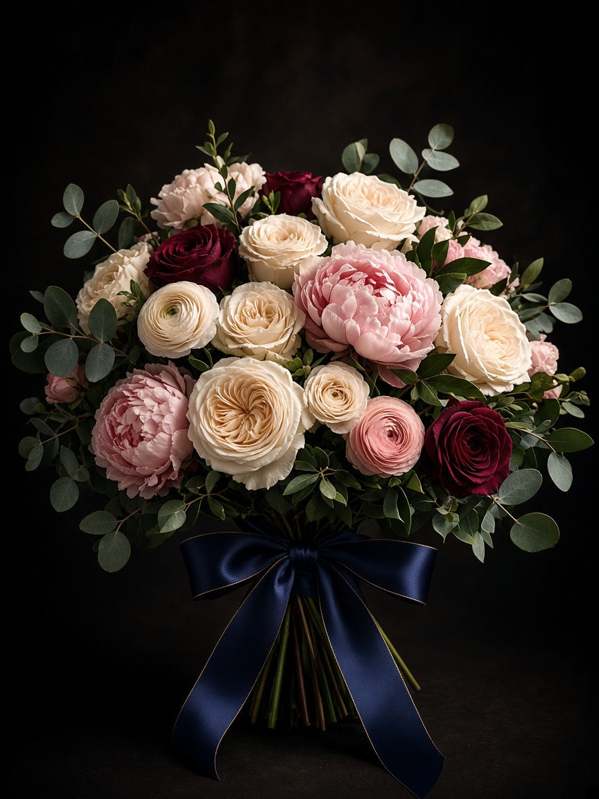 Bouquet de roses crème, pivoines roses et roses bordeaux, noué d’un ruban bleu nuit