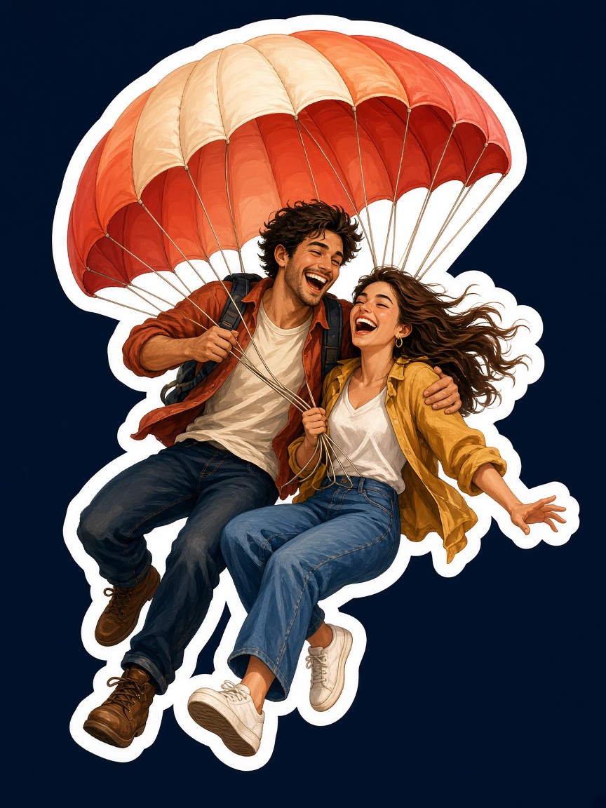 Un homme et une femme rient en chute sous un même parachute